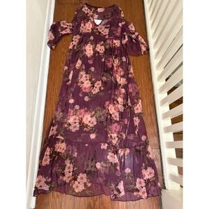 Johnny Was Winonna Silk Floral Maxi Dress Burgundy Pink Tiered size M